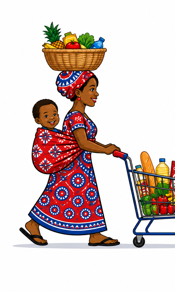 Mother carrying her child and shopping basket, pushing a cart full of groceries