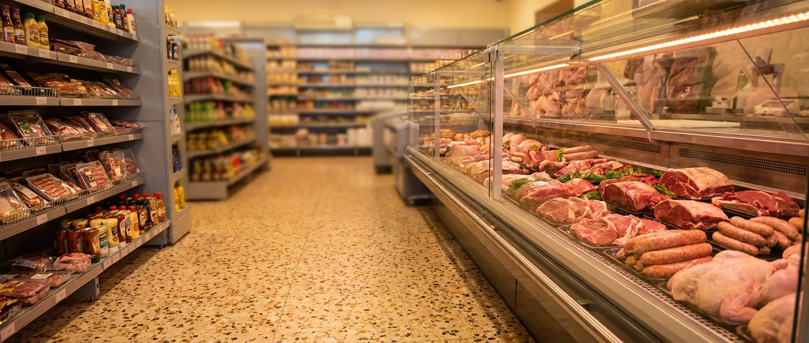 Butchery counter with fresh meats, sausages and cuts on display