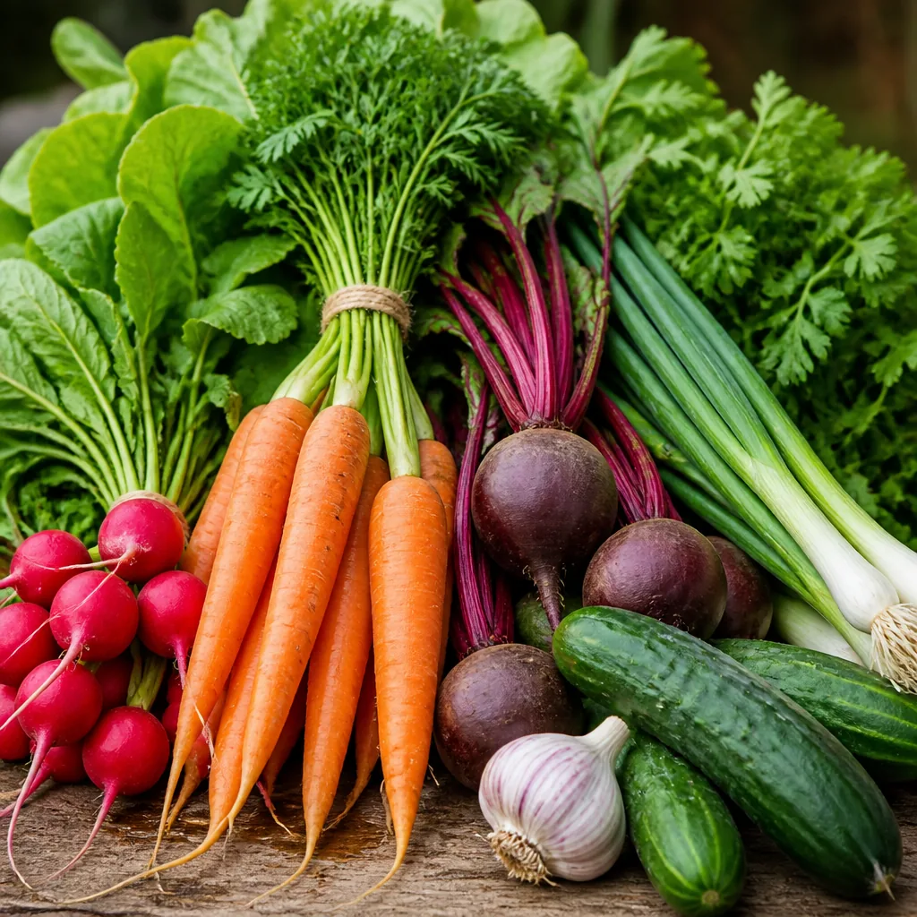 Fresh vegetables including carrots, radishes, beets, cucumbers, garlic and greens