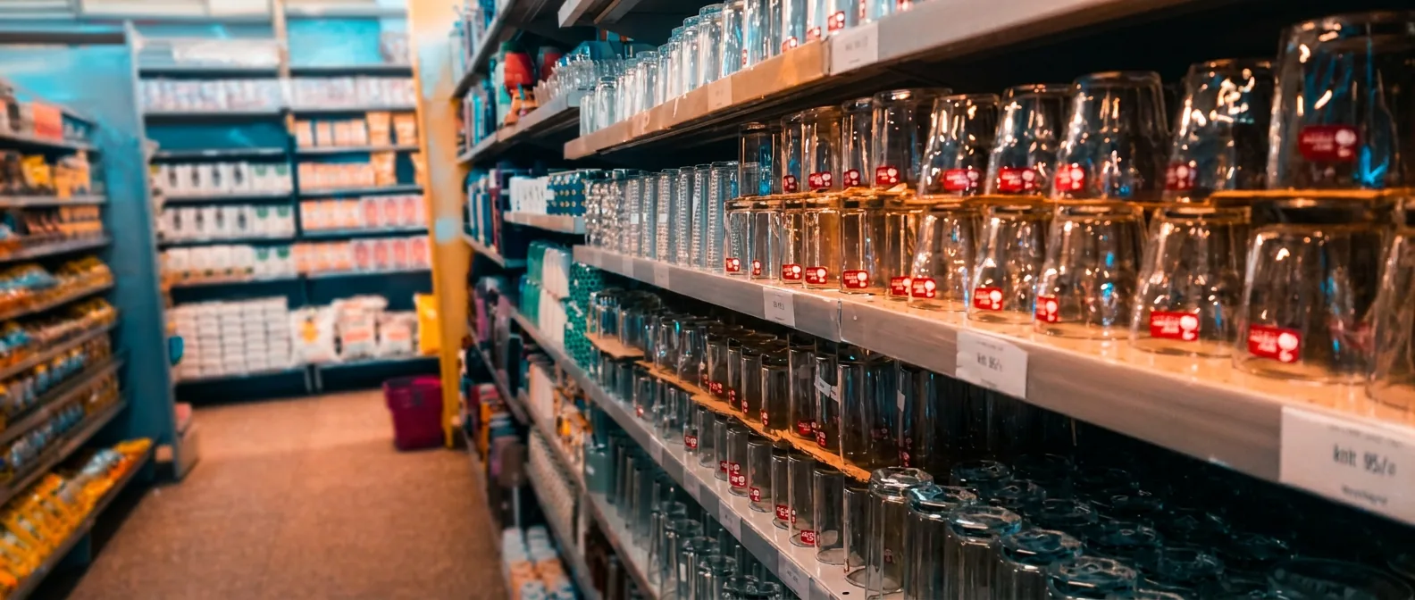 Shelves of glassware and kitchenware in-store, Kitchenware department