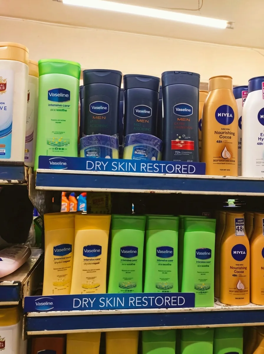 Shelves of Vaseline and Nivea lotion bottles, Personal Care department