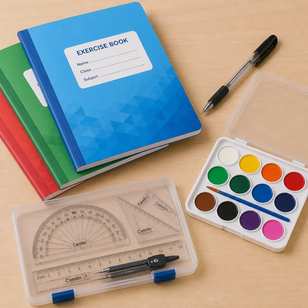 School stationery including exercise books, geometry set, watercolor paints and pen