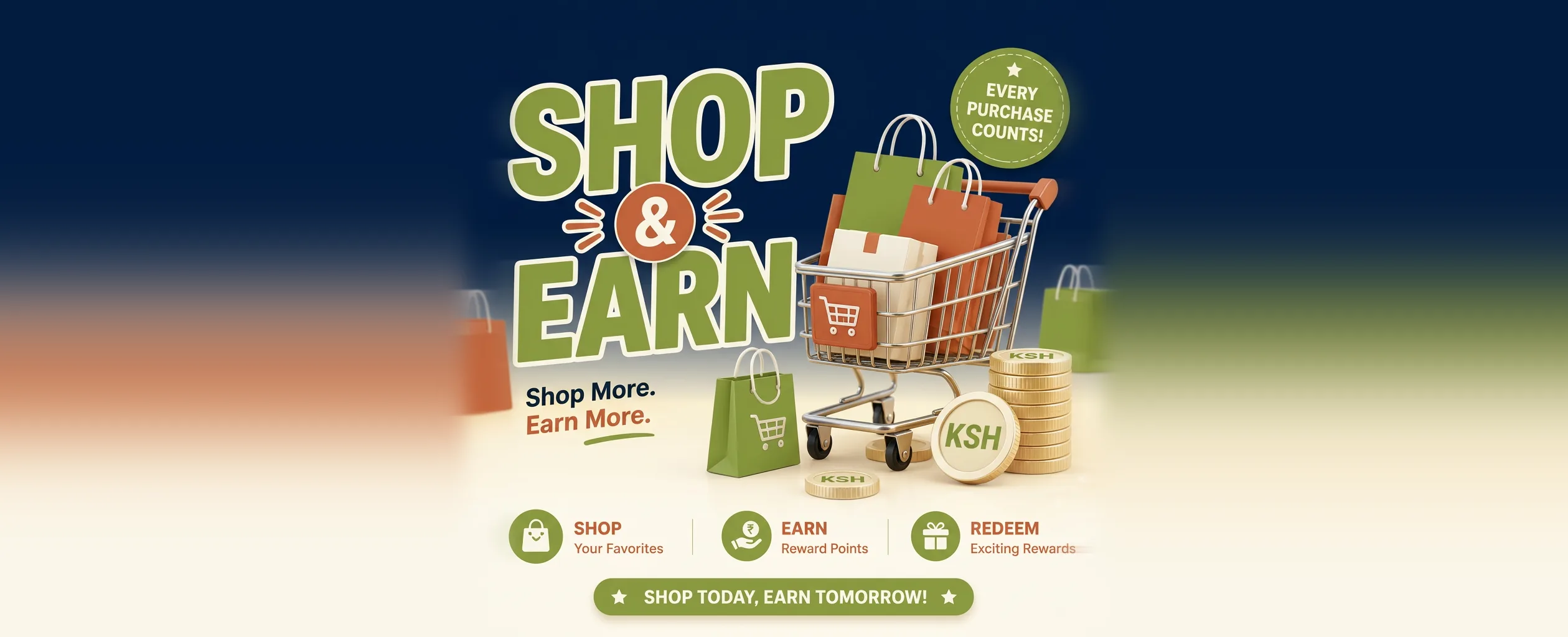Shop and Earn — Mama Watoto loyalty programme banner with shopping cart, bags and coins