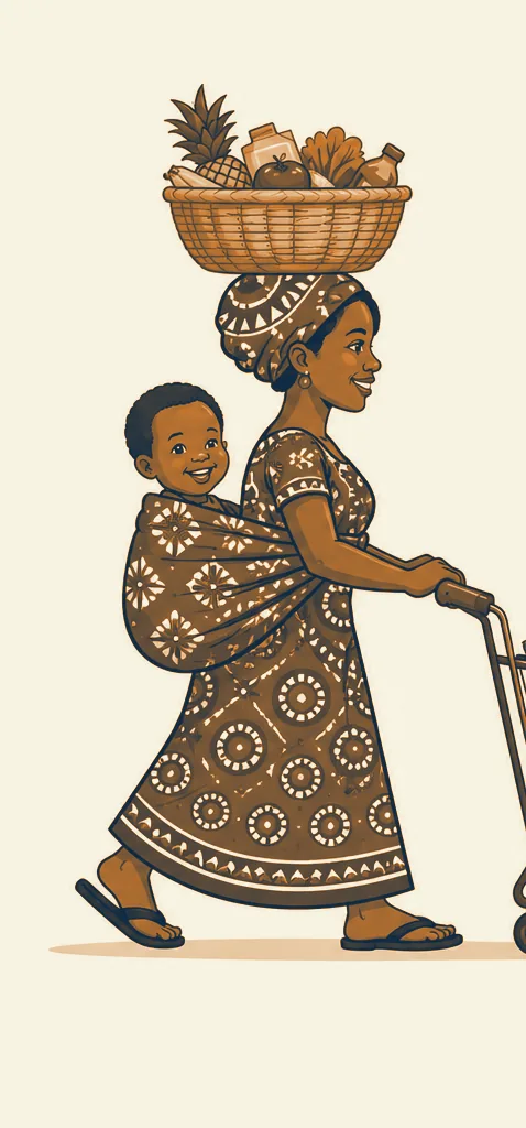 Illustration of a mother carrying her child while shopping, from our original logo