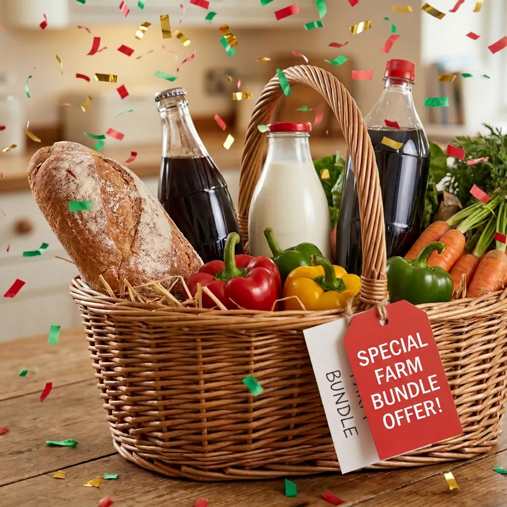 Special Farm Bundle offer — wicker basket of fresh bread, milk, vegetables and drinks with festive confetti